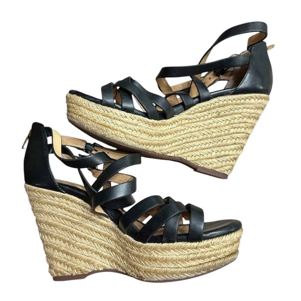 Sofft Black Espadrille Leather Wedge Strappy Sandals Size 8.5 Comfort Coastal - Picture 9 of 10